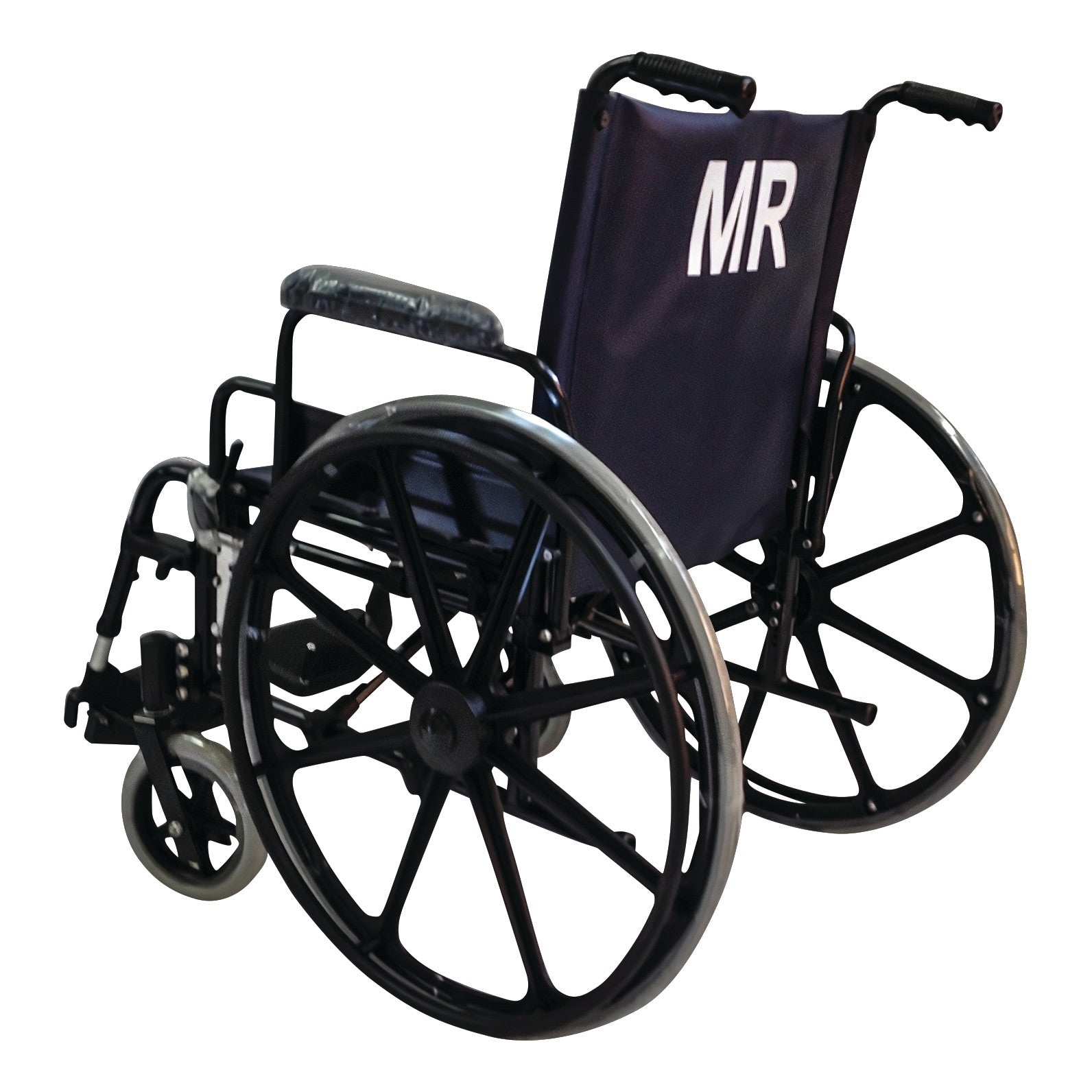 A Non-Ferromagnetic Wheelchair with large black wheels and "MR" printed on the backrest in white.