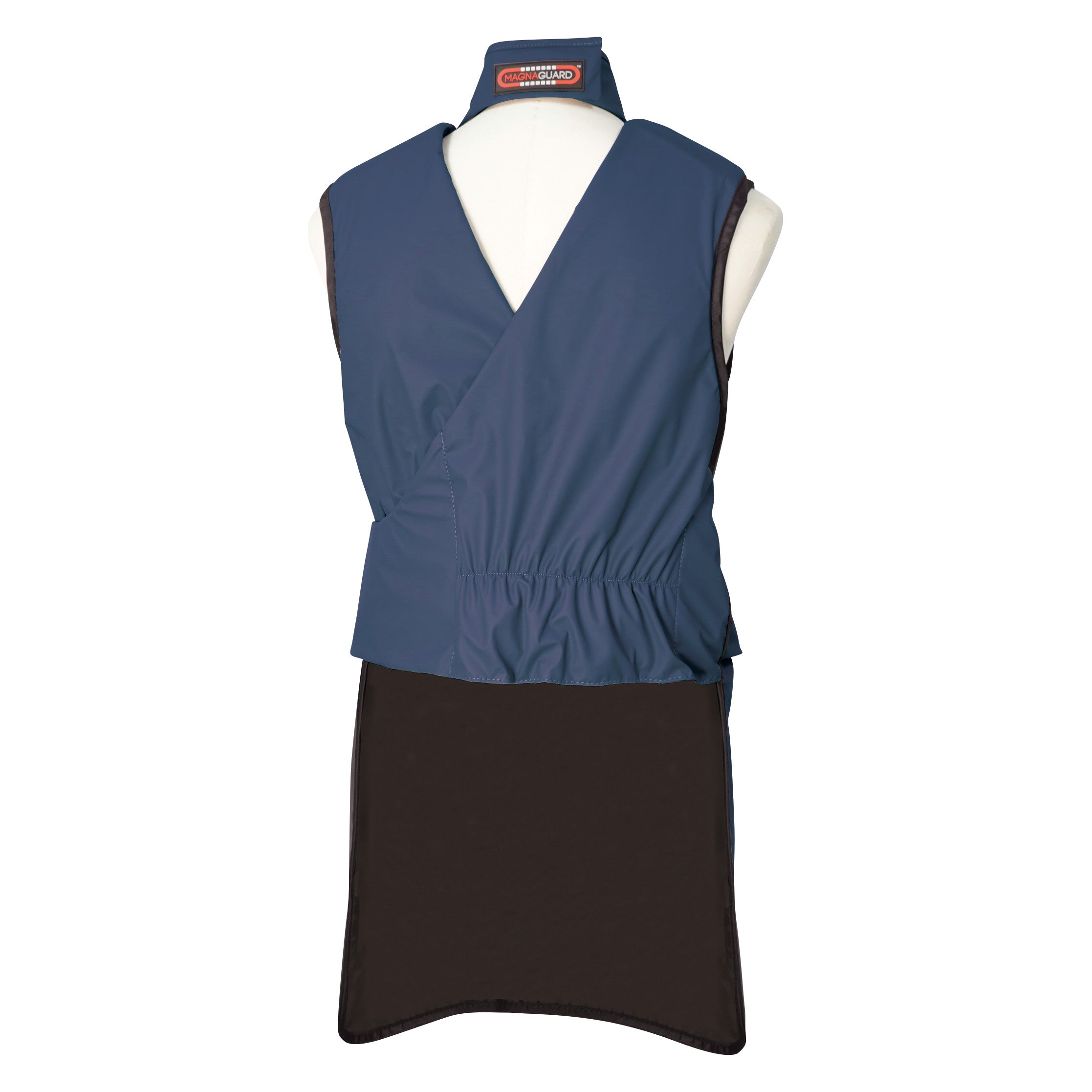 Barrier Technologies MagnaGuard Frontal Lead-Free Apron, in blue and black, displayed on a mannequin from the back.