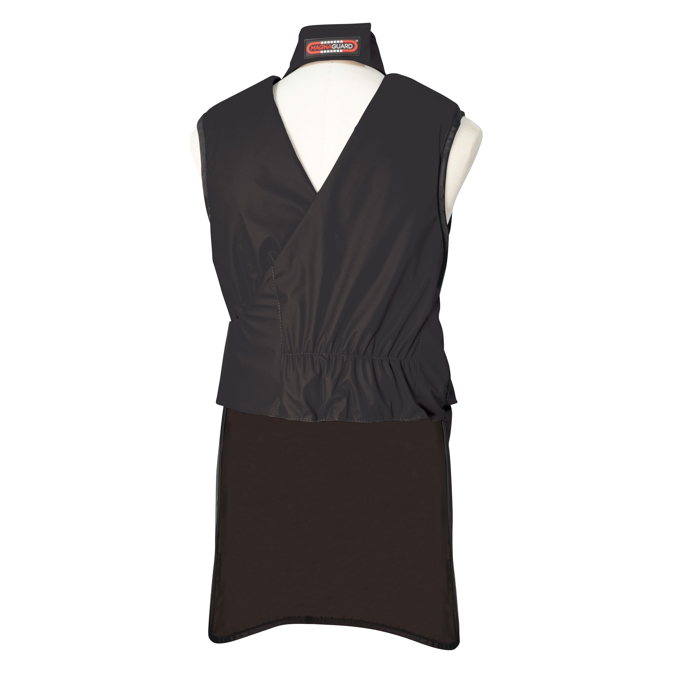 Barrier Technologies MagnaGuard Frontal Lead-Free Apron on a mannequin, featuring a wrap design and a high collar with a logo.