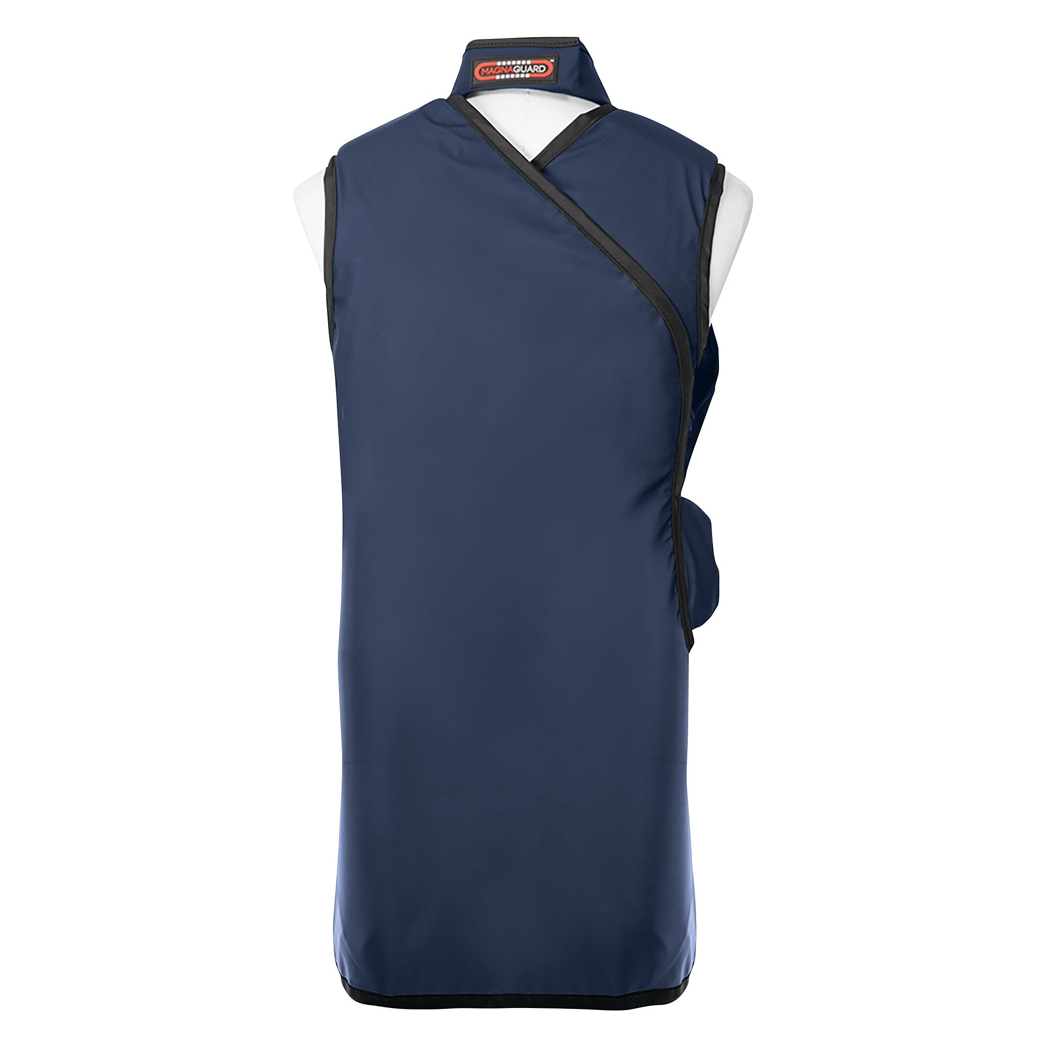 A mannequin displays a Barrier Technologies MagnaGuard Wrap with Support Lead-Free Apron, featuring a dark blue design with a Velcro closure.
