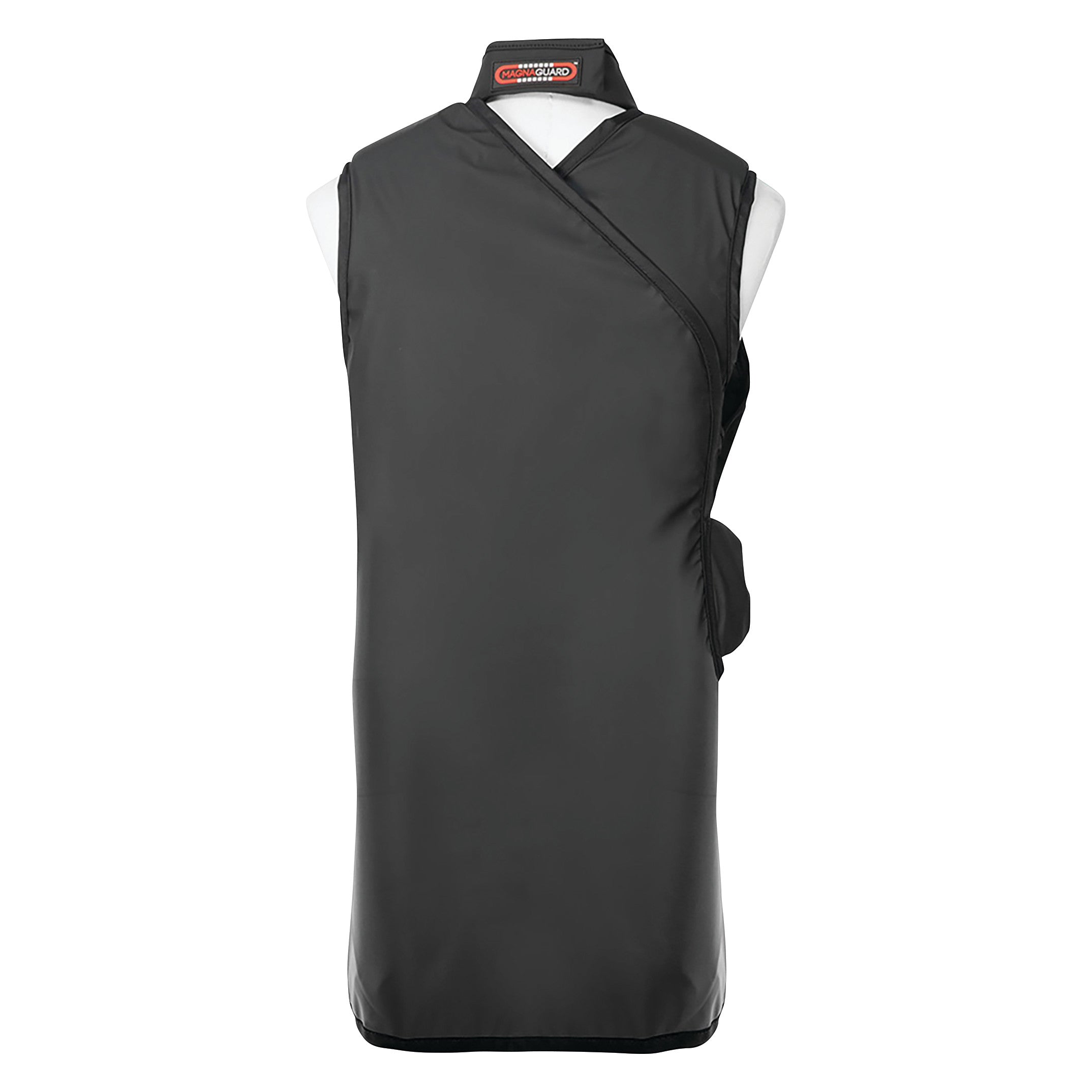 A Barrier Technologies MagnaGuard Wrap with Support Lead-Free Apron, black, displayed on a mannequin, front view.