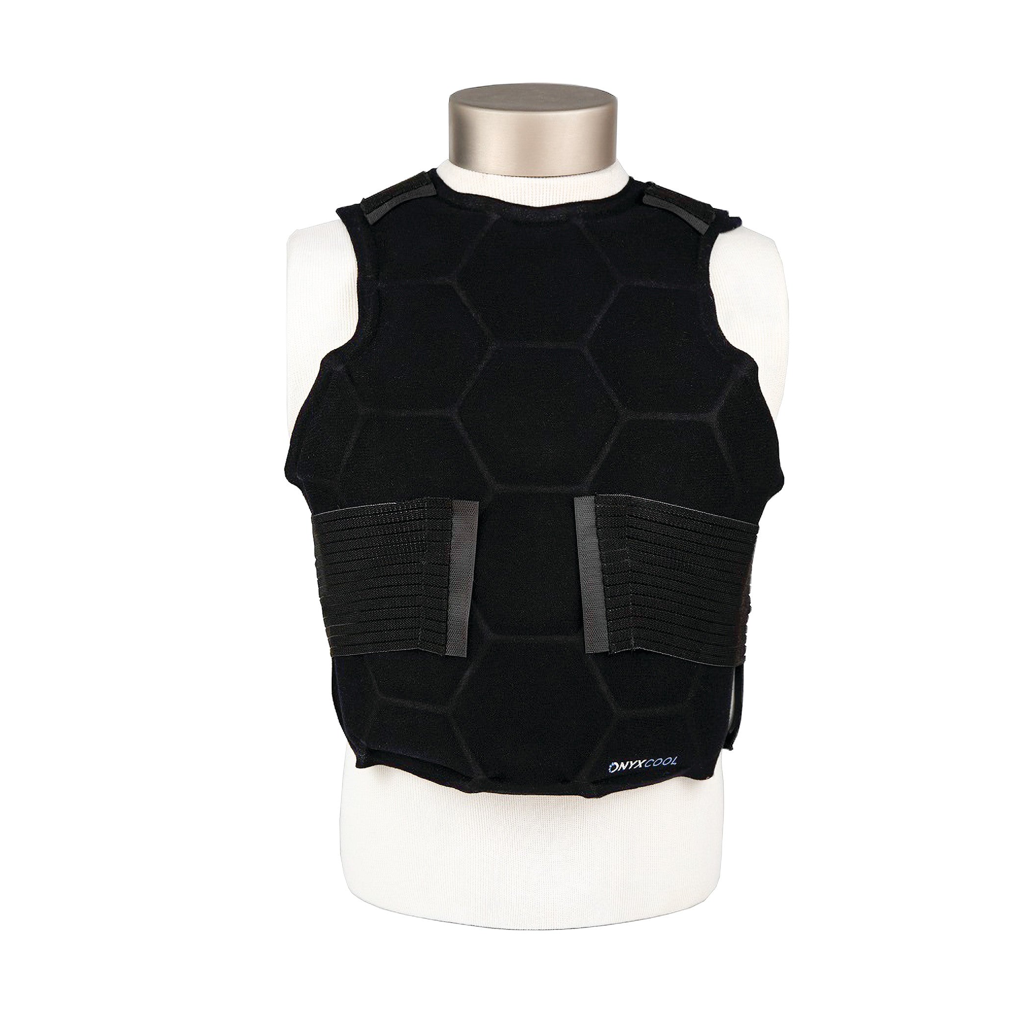 The Xena Therapies Onyx Cool Safety Pro Vest on a mannequin, featuring a black hexagonal pattern with adjustable side straps.