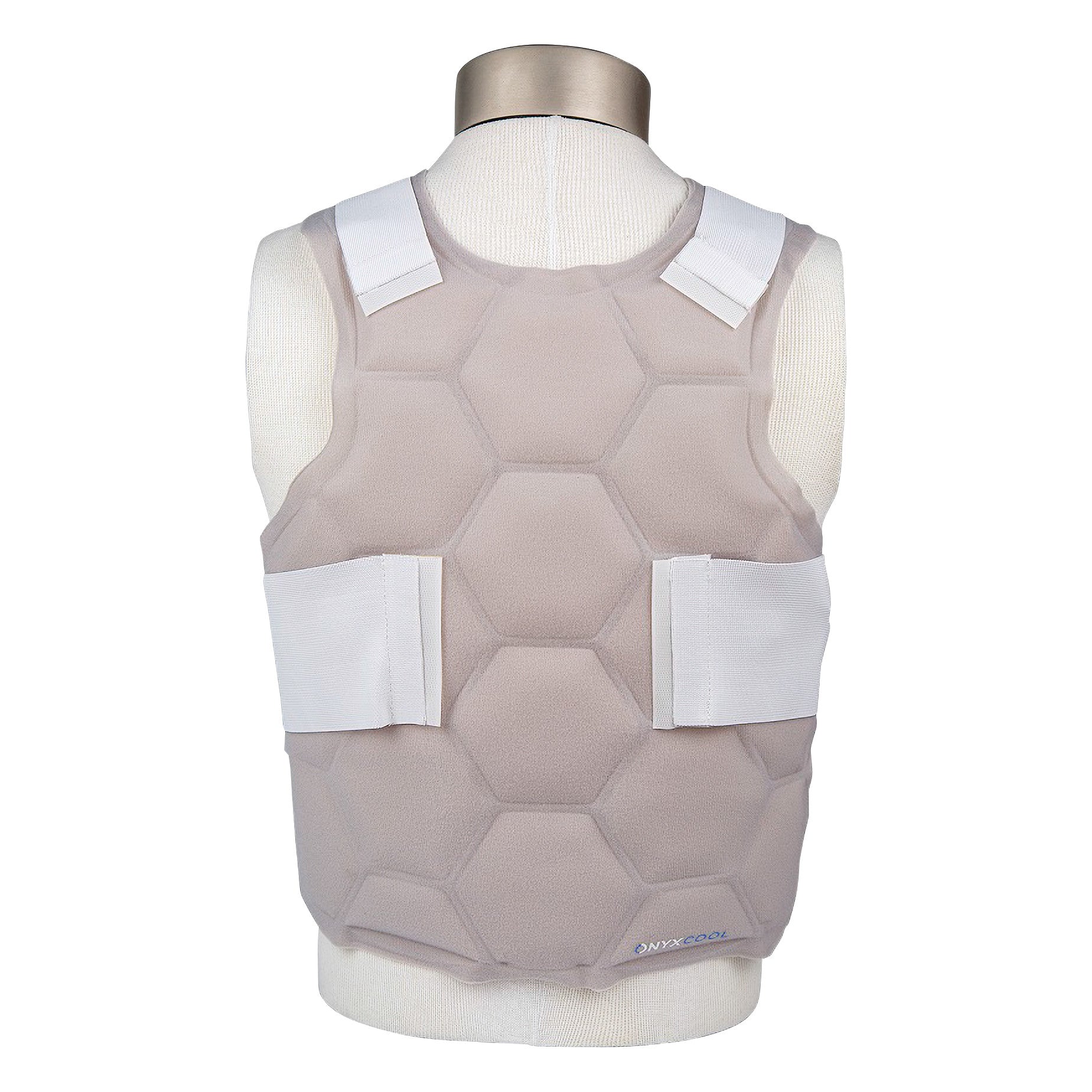 The Xena Therapies Onyx Cool Safety Pro Vest is shown on a mannequin, featuring a hexagonal pattern and adjustable white straps.
