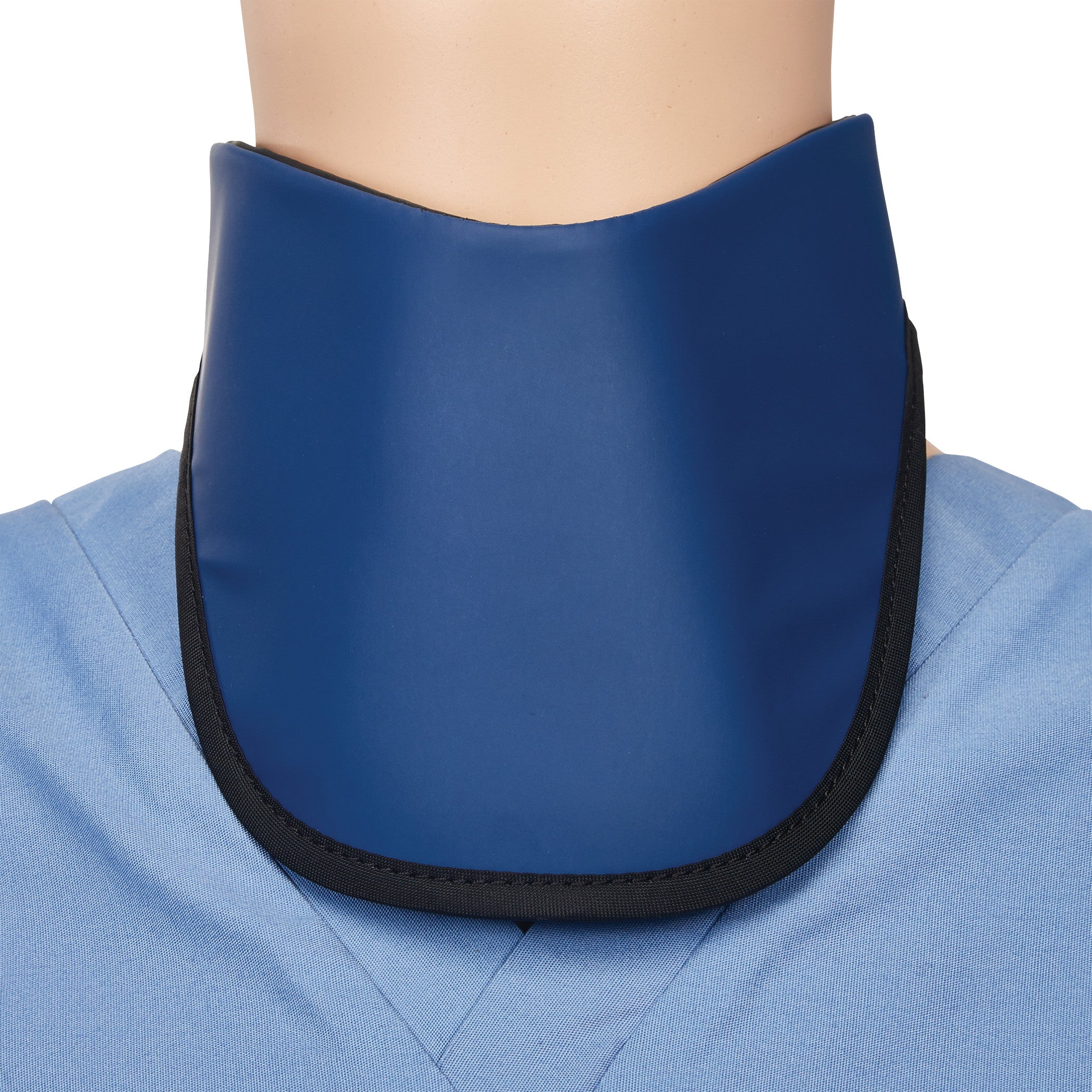 A mannequin wearing an AliMed Grab n Go Thyroid Shield in blue with black trim, designed for neck protection.