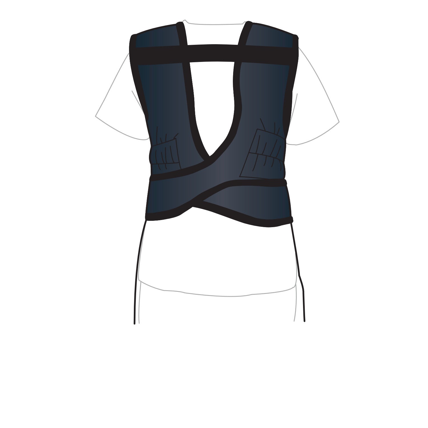 A white T-shirt is shown with an AliMed Grab n Go Flex Weight Reliever Apron, Male, featuring a dark blue, crisscross back with wide straps.