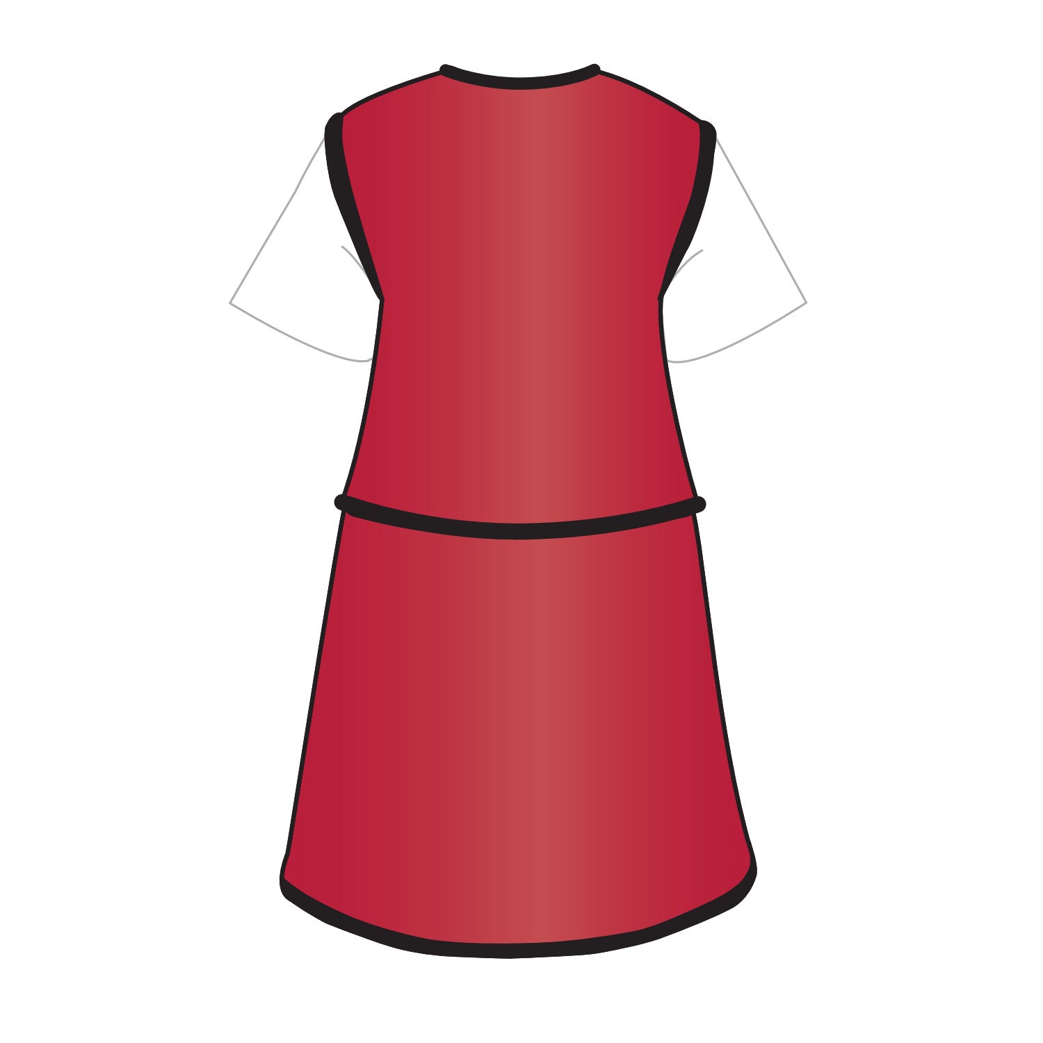 The image features the AliMed Grab n Go Vest and Kilt Set, Male, in red with black trim and a white underlayer, viewed from the back.