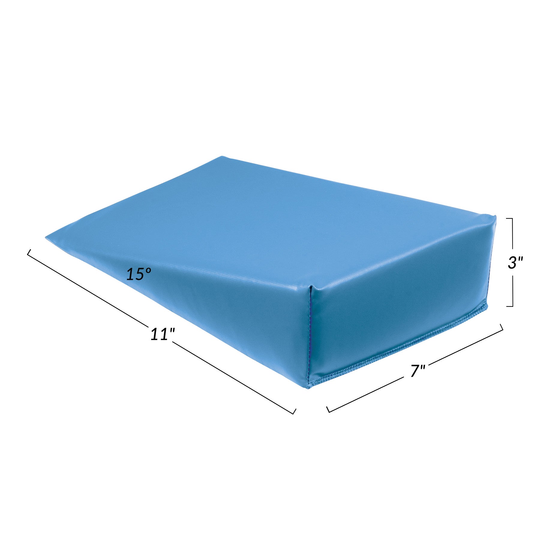 The AliMed Vinyl-Covered 15 Degree Small Wedge Positioner is a blue wedge with dimensions of 11"x7"x3" and a 15-degree incline.