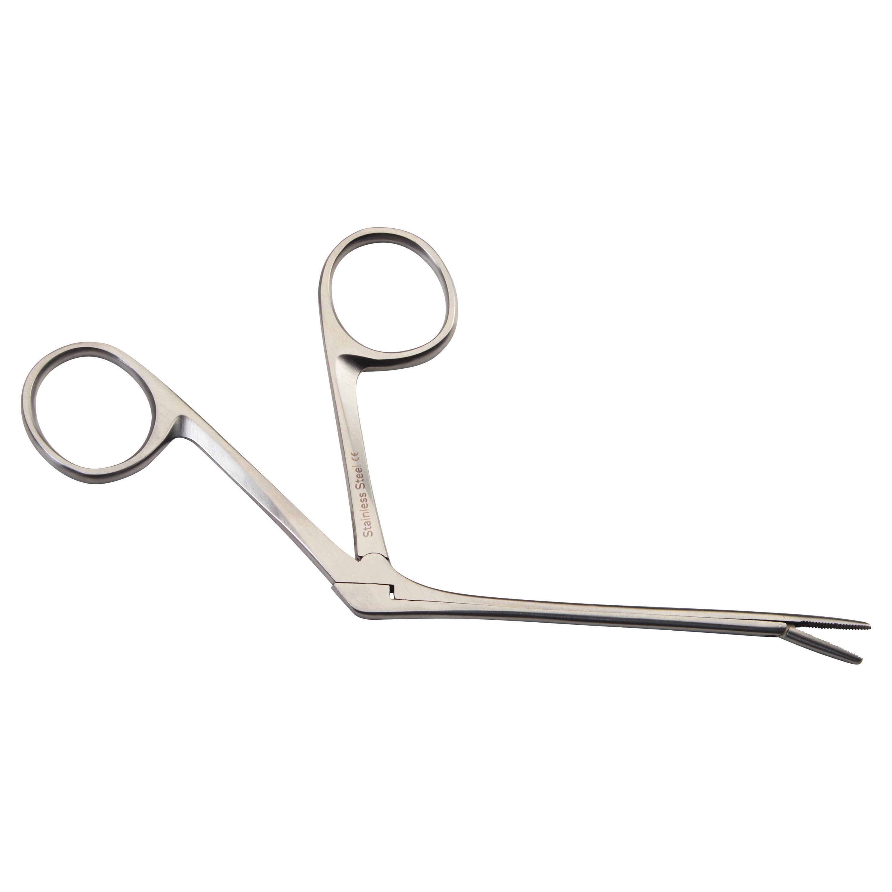 Hartman Alligator Ear Forceps, a stainless steel medical tool, features angled handles and long, slender jaws for precision gripping.