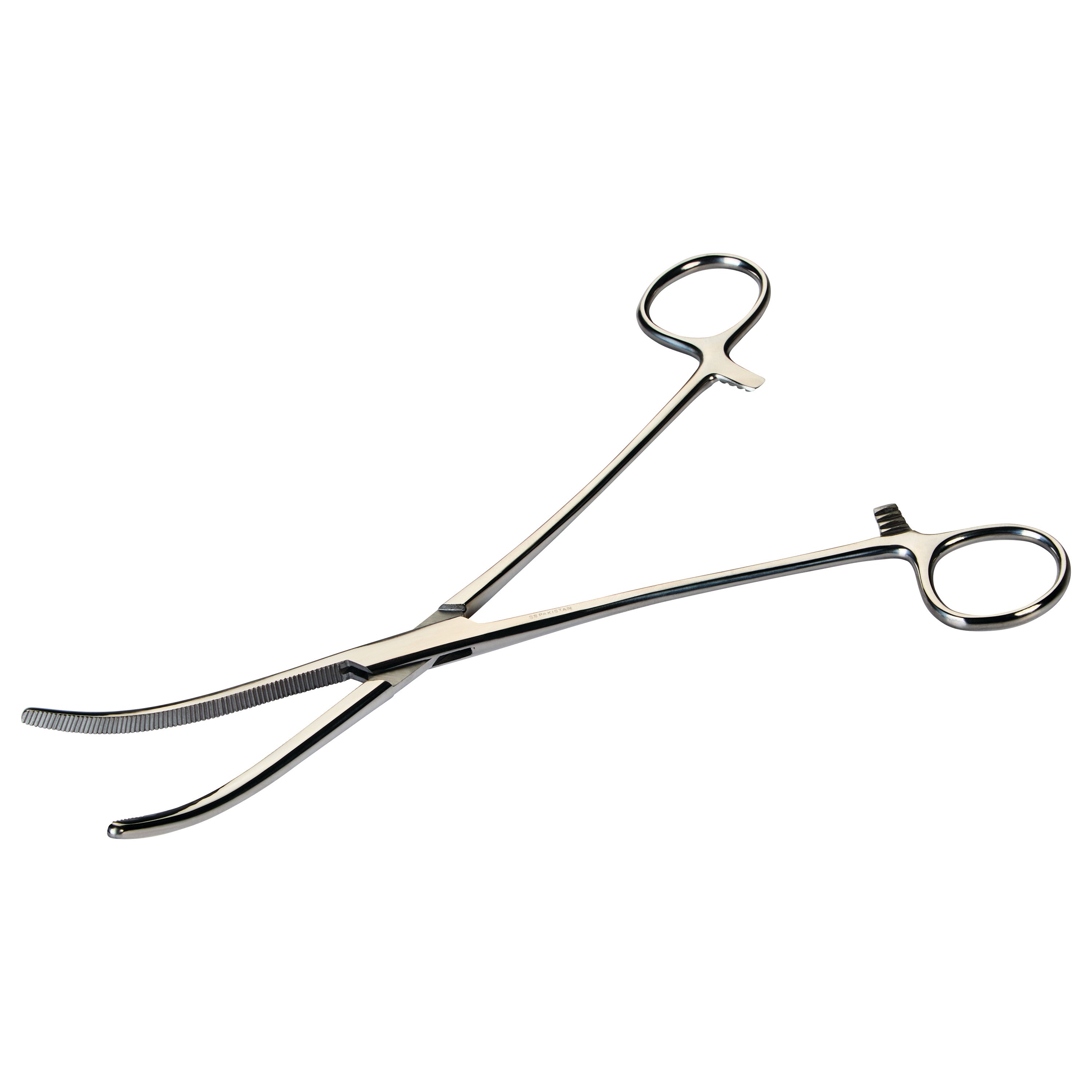 Rochester-Pean Forceps with a curved, serrated jaw and finger rings, used for clamping in medical procedures.