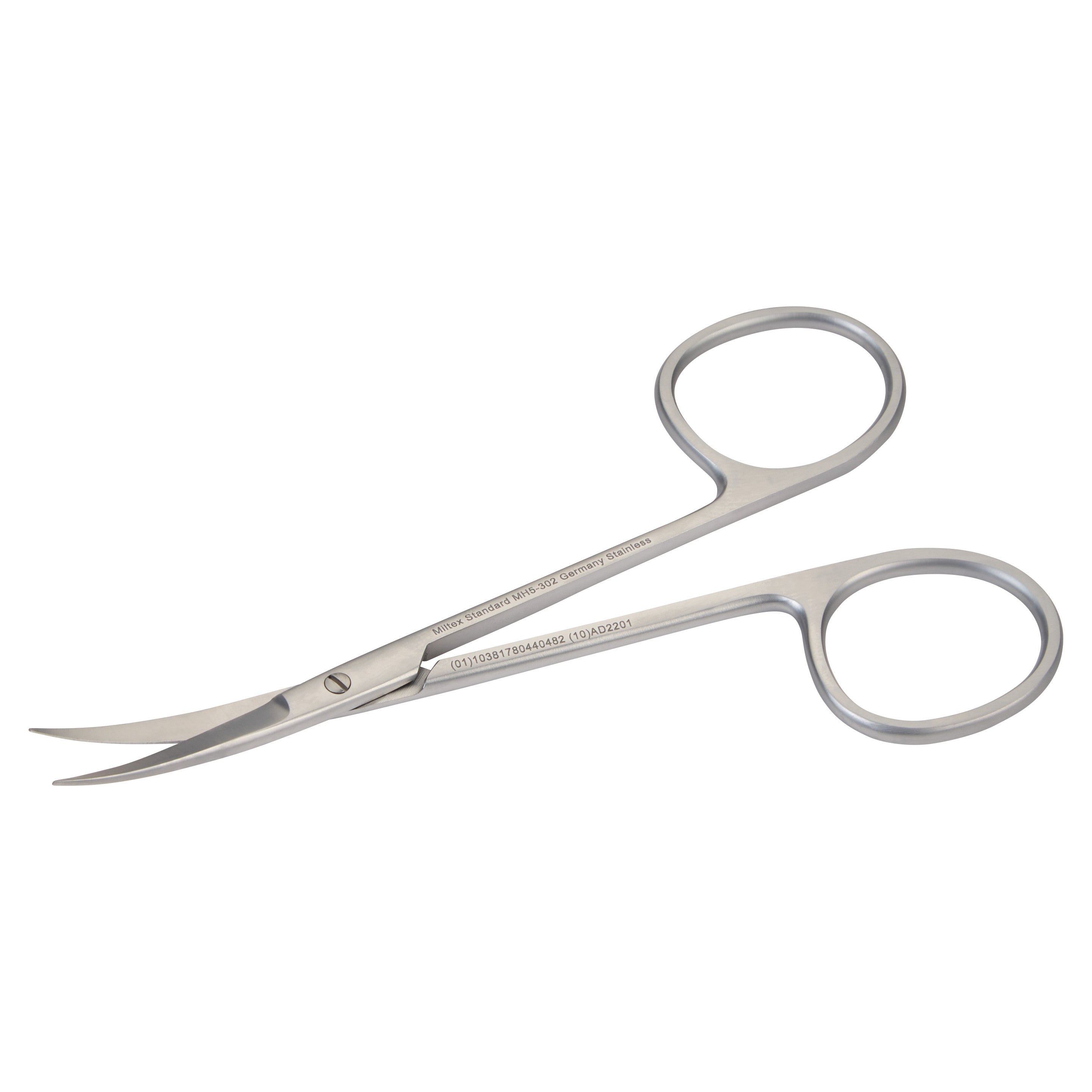 Miltex MeisterHand Iris Scissors with curved stainless steel blades and round finger holes, designed for precision cutting.