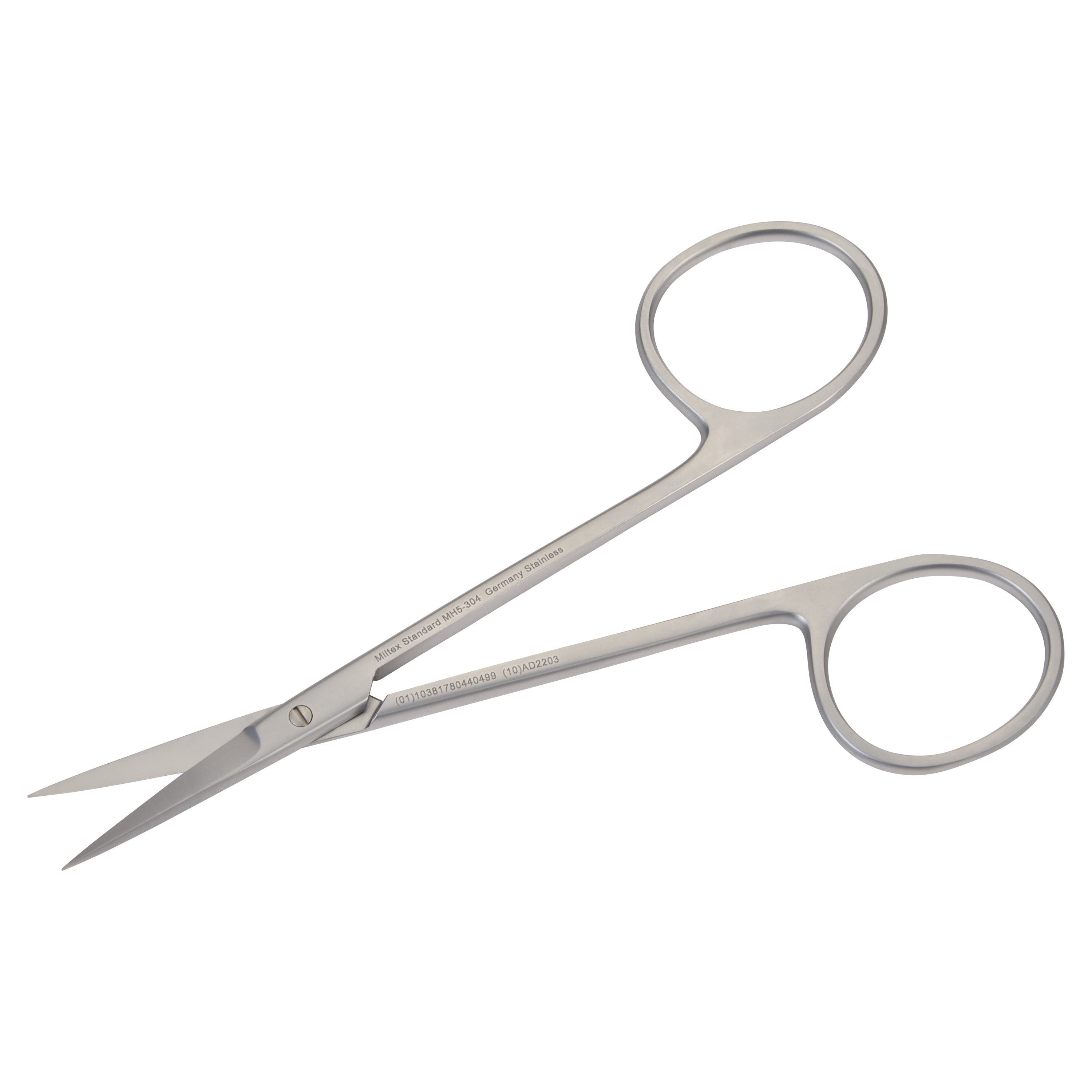 Miltex MeisterHand Iris Scissors with sharp, curved stainless-steel blades and looped handles for precision cutting.