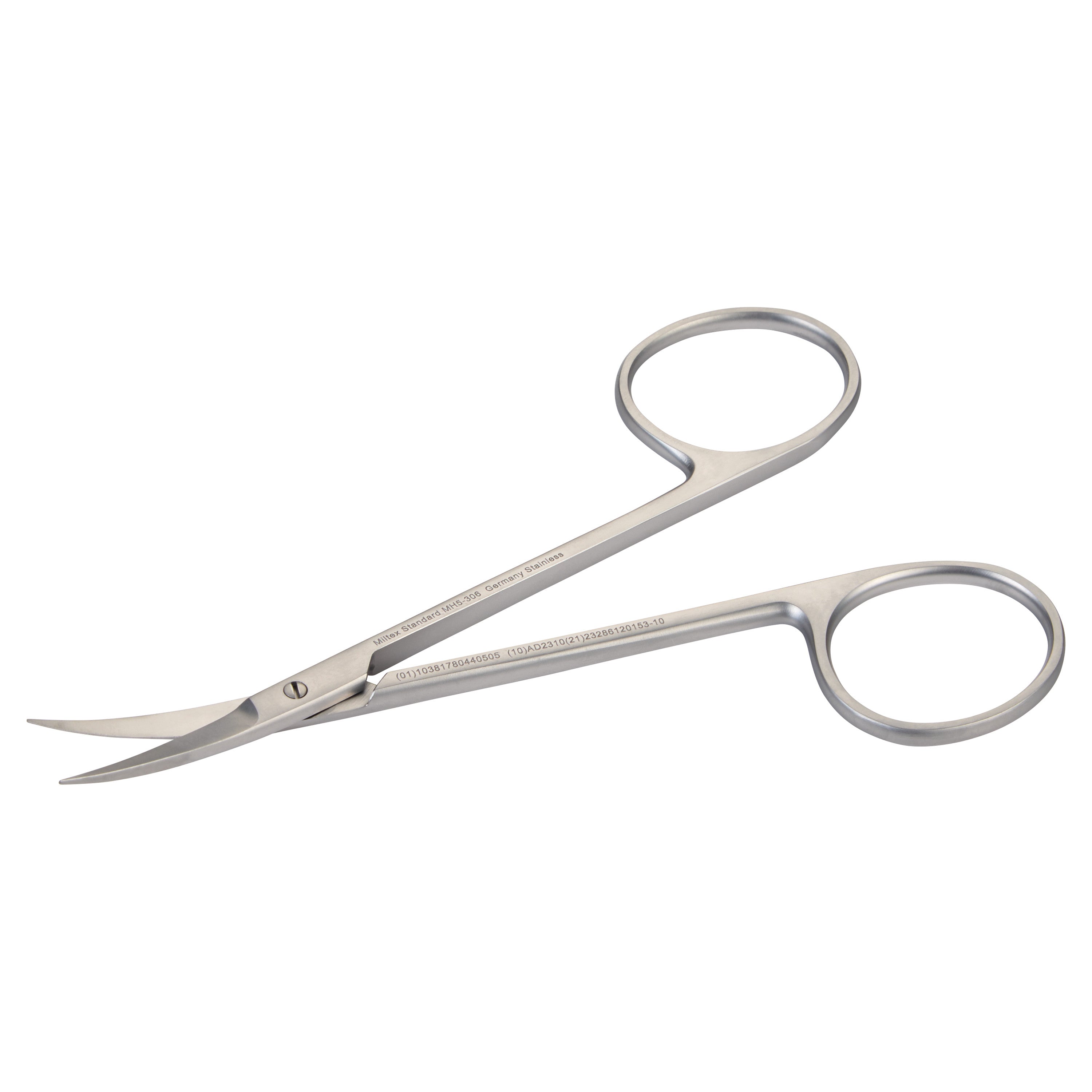 Miltex MeisterHand Iris Scissors with curved blades and ring handles, made of stainless steel, are shown on a white background.