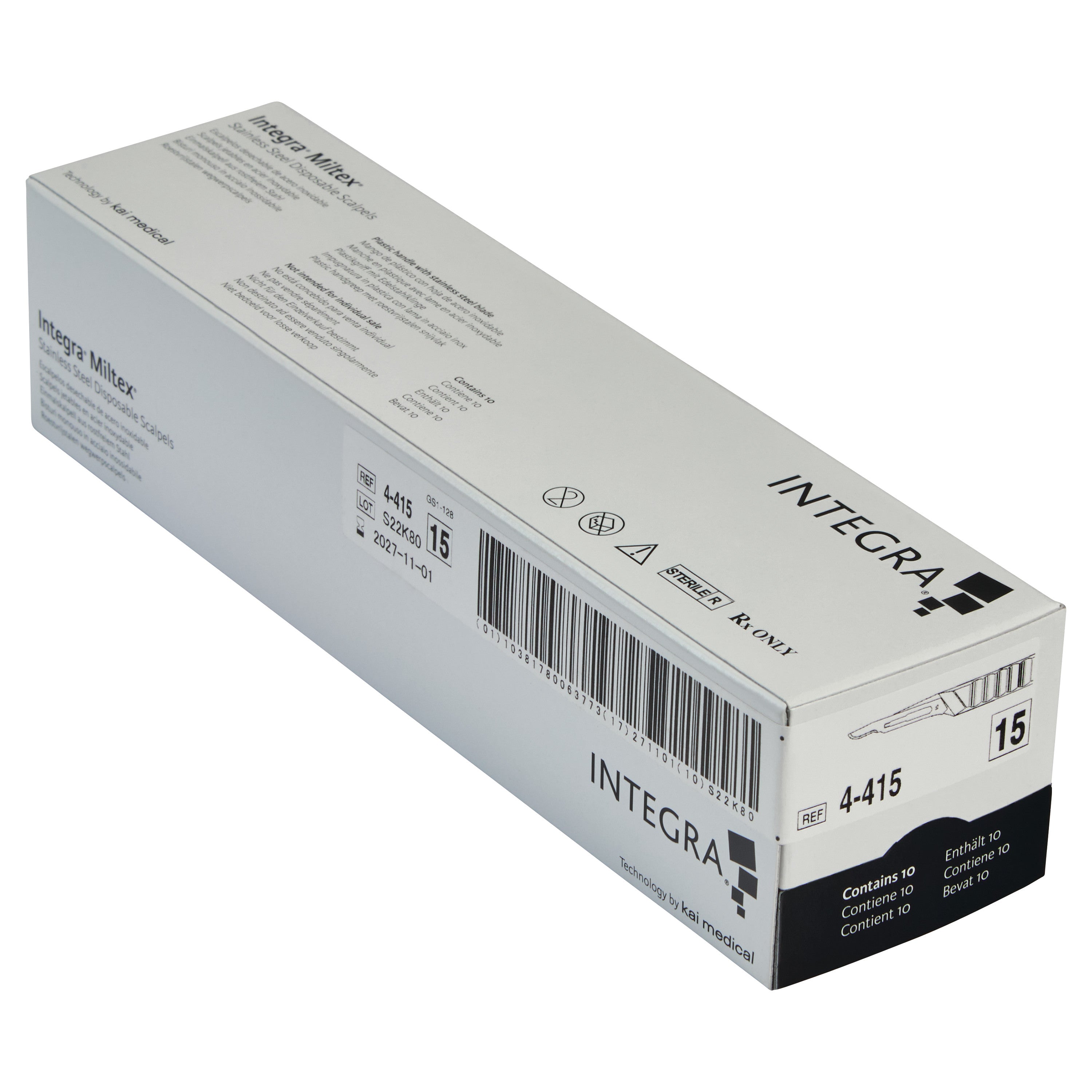 A box of Integra Miltex Disposable Scalpels with product details, barcode, and quantity of 10 scalpels indicated on the packaging.