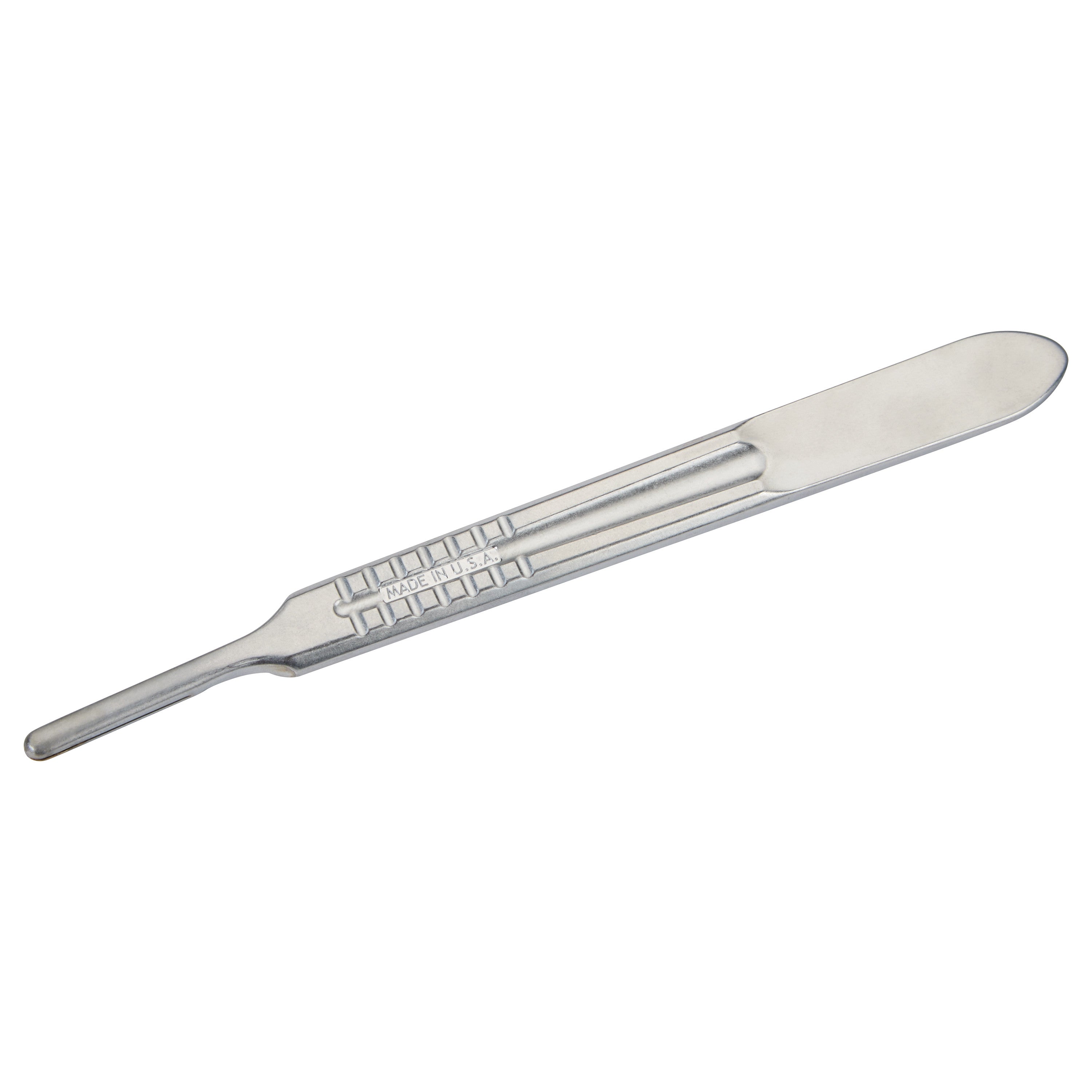 A silver Bard-Parker B-D Scalpel Handle with a flat blade end and textured grip is shown on a white background.