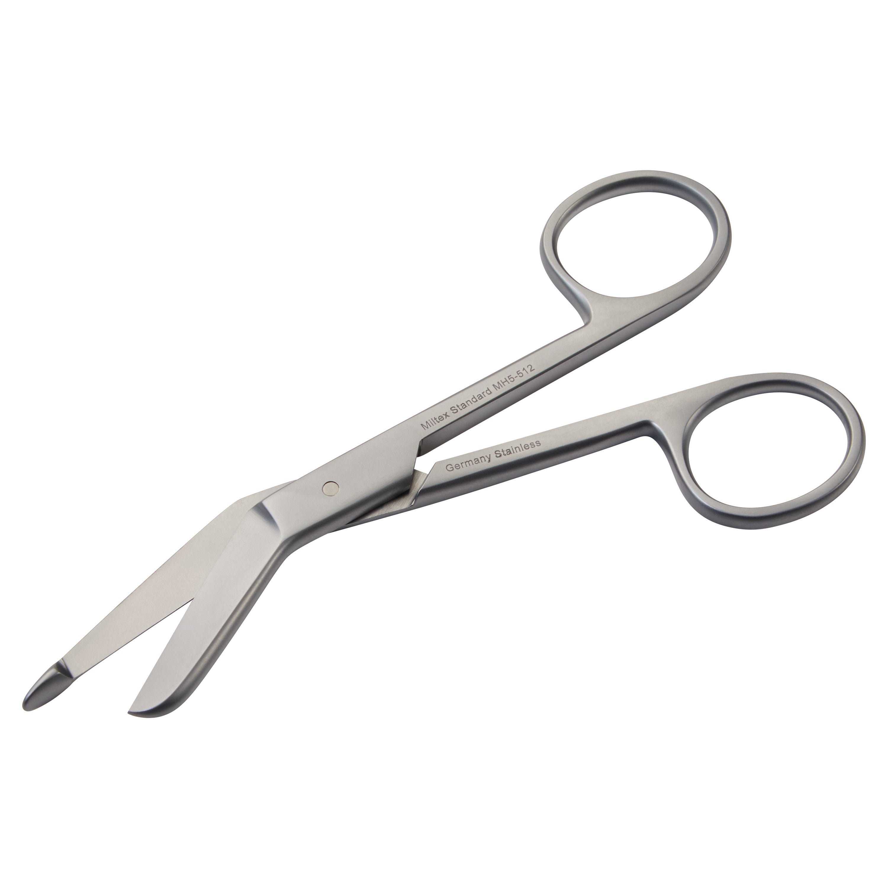 Miltex Lister Bandage Scissors made of stainless steel, featuring an angled design with rounded tips for safely cutting bandages.