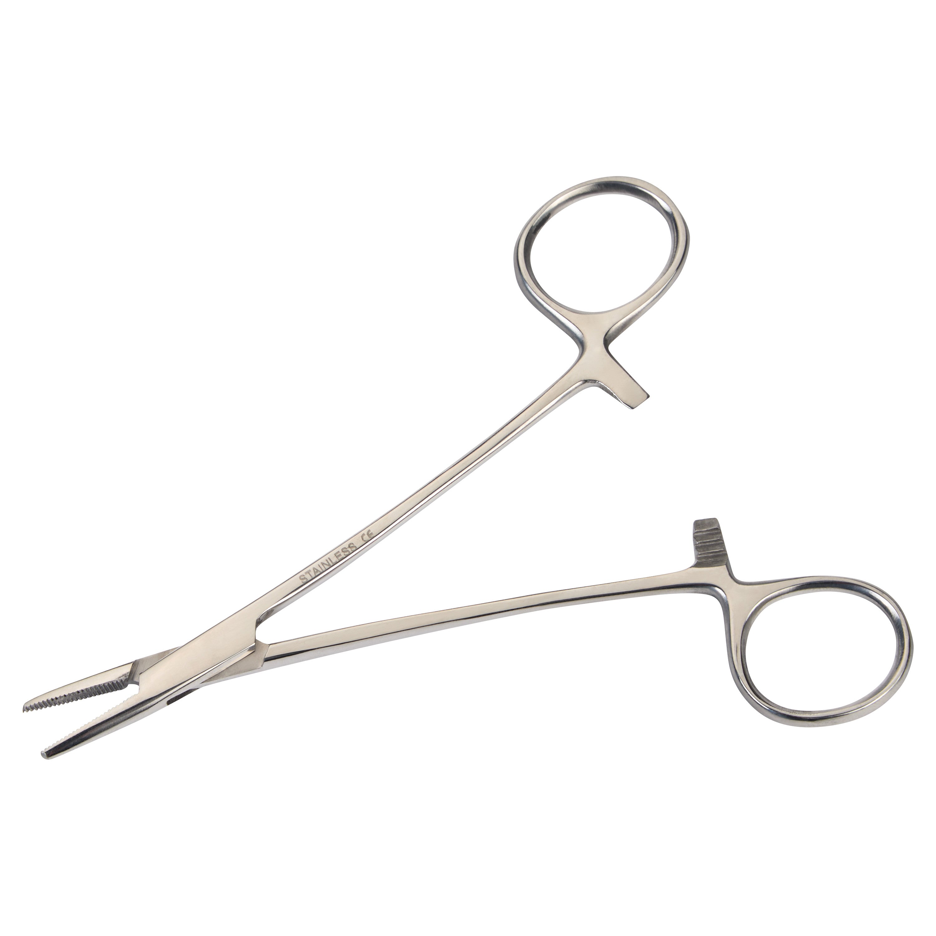 Mayo-Hegar Needle Holder, a stainless steel surgical instrument with looped handles and a clamping mechanism, used for suturing.