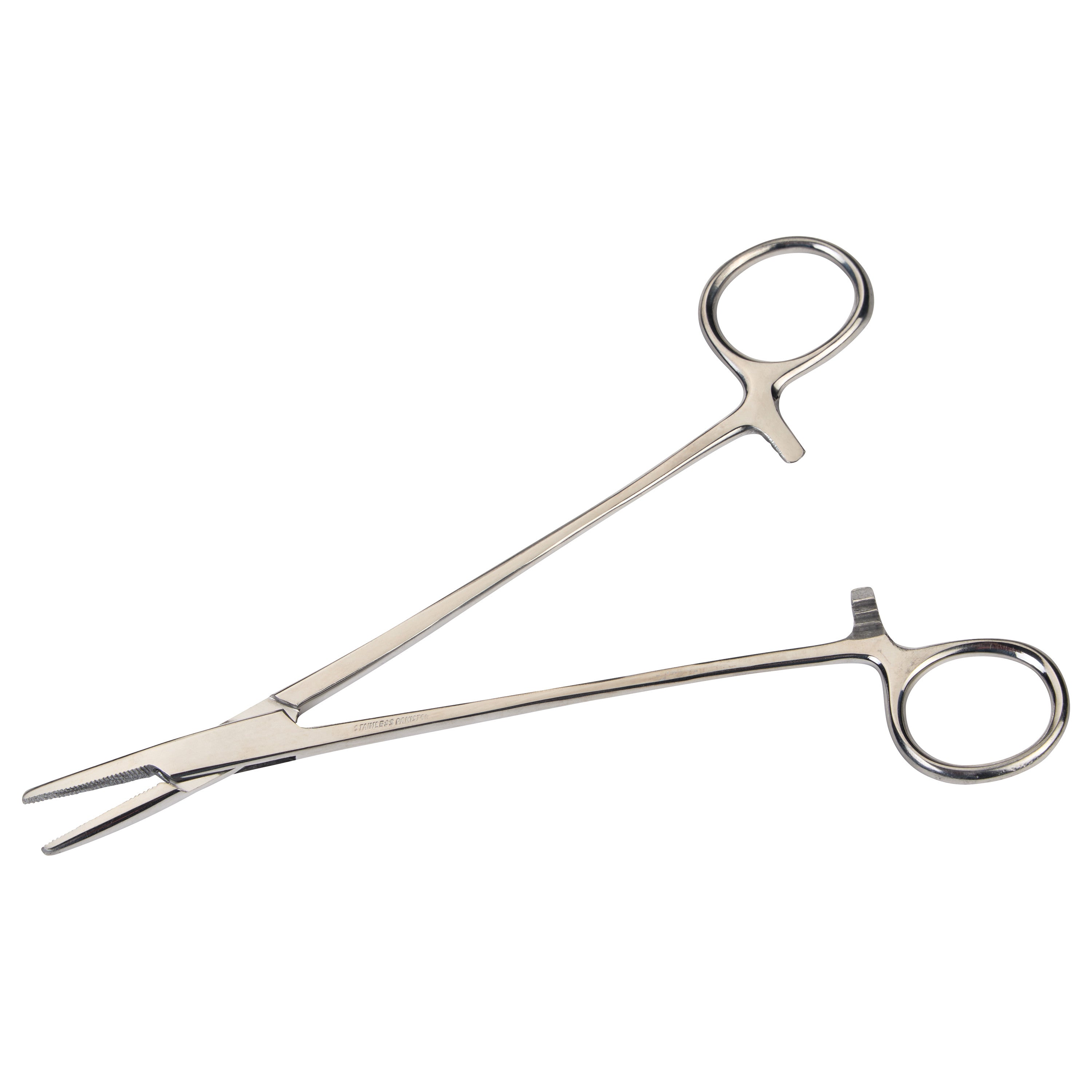 The Mayo-Hegar Needle Holder is a metallic surgical instrument with scissor-like handles and a blunt, grooved tip for holding needles.