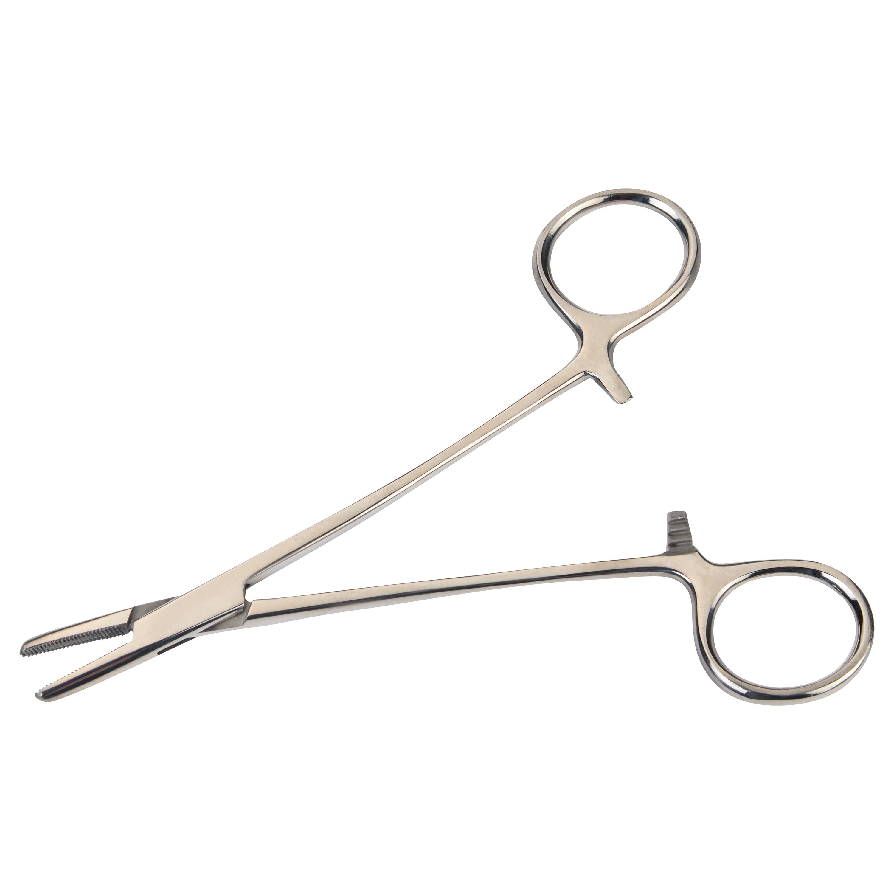 Mayo-Hegar Needle Holder in stainless steel with looped handles and serrated jaws, used for gripping surgical needles.
