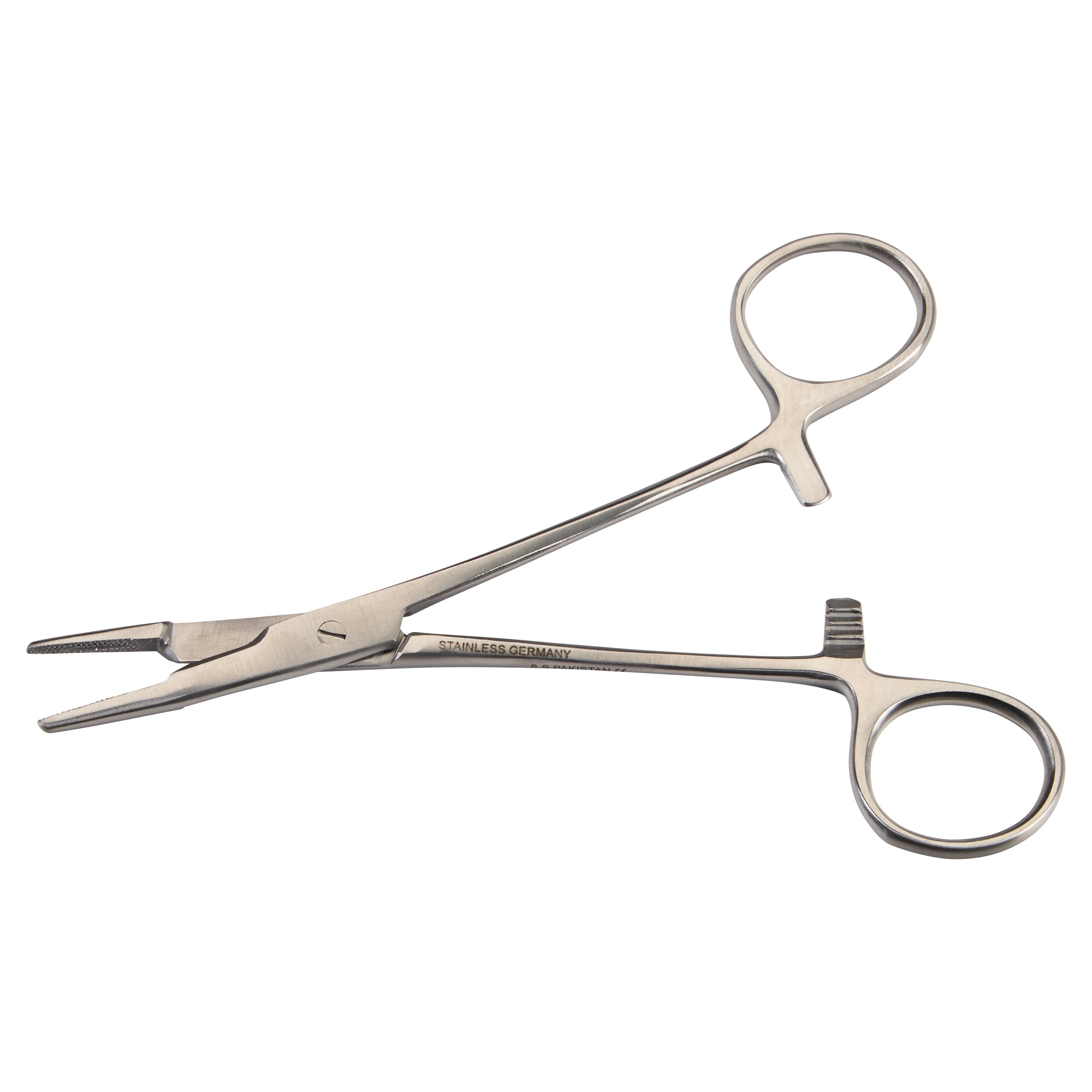 The image features an Olsen Hegar Needle Holder and Scissors Combination, a surgical instrument with two finger loops and a locking mechanism.
