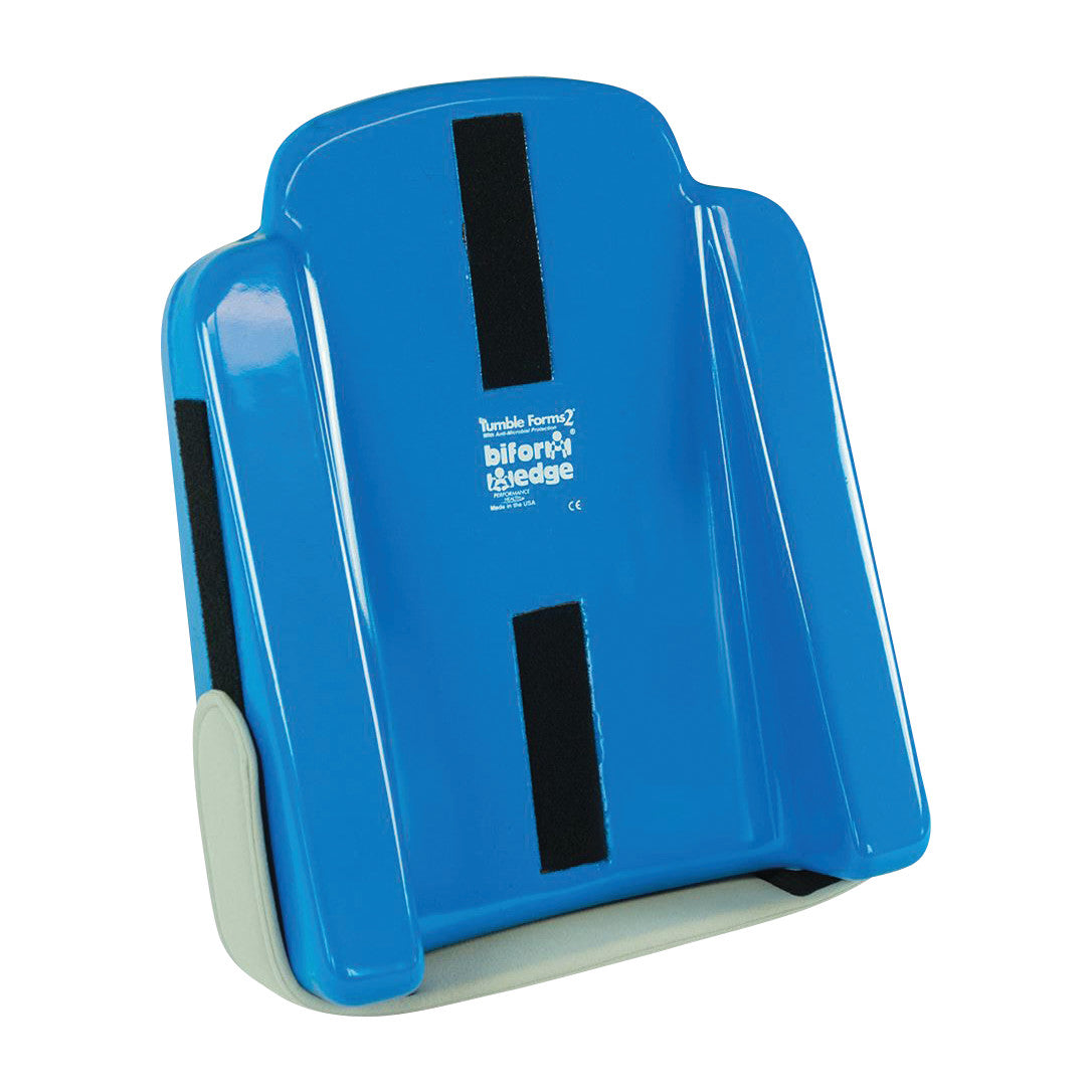 The Tumble Forms2 18"W BiForm Wedge is a blue, contoured support device with black straps for positioning and therapy.