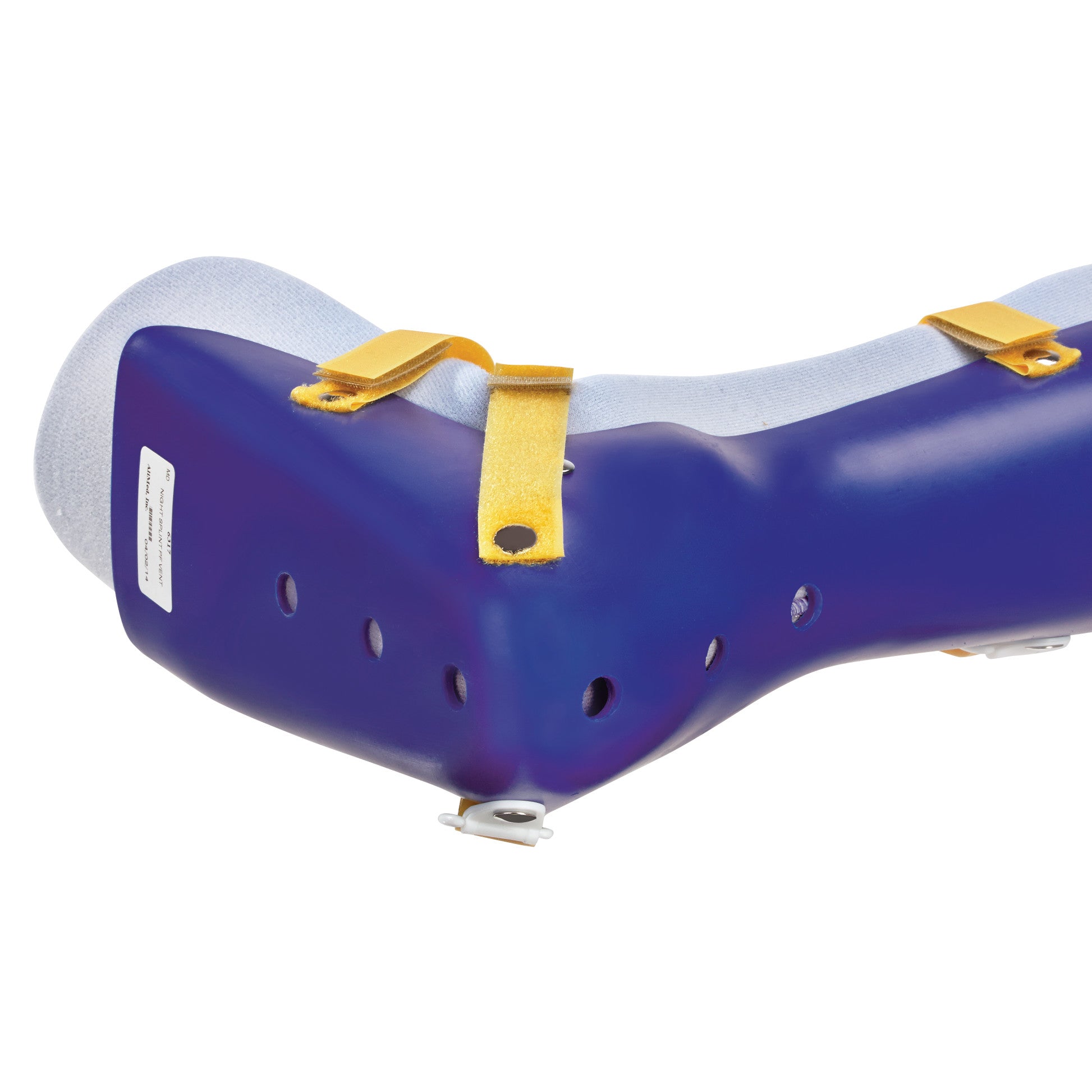 The AliMed Ventilated Plantar Fasciitis Night Splint features a blue outer shell, yellow straps, and perforations for ventilation.