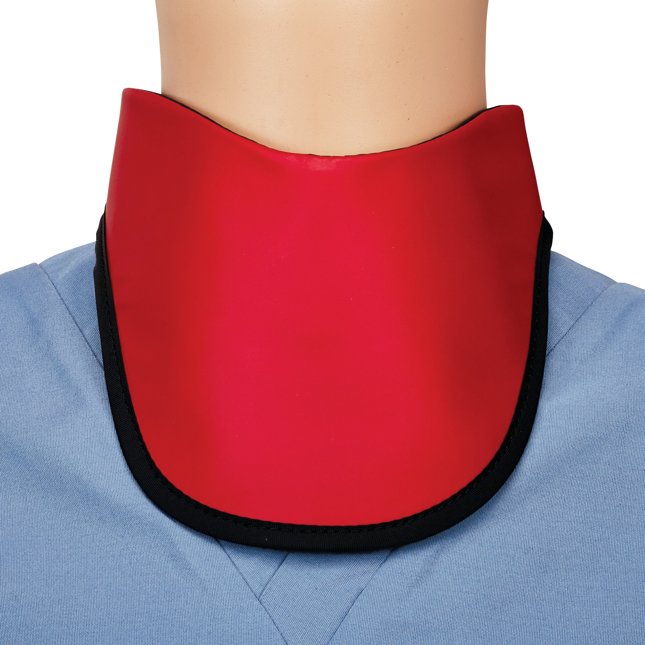 A person wears an AliMed Grab n Go Thyroid Shield, a red protective neck collar, over a light blue garment.
