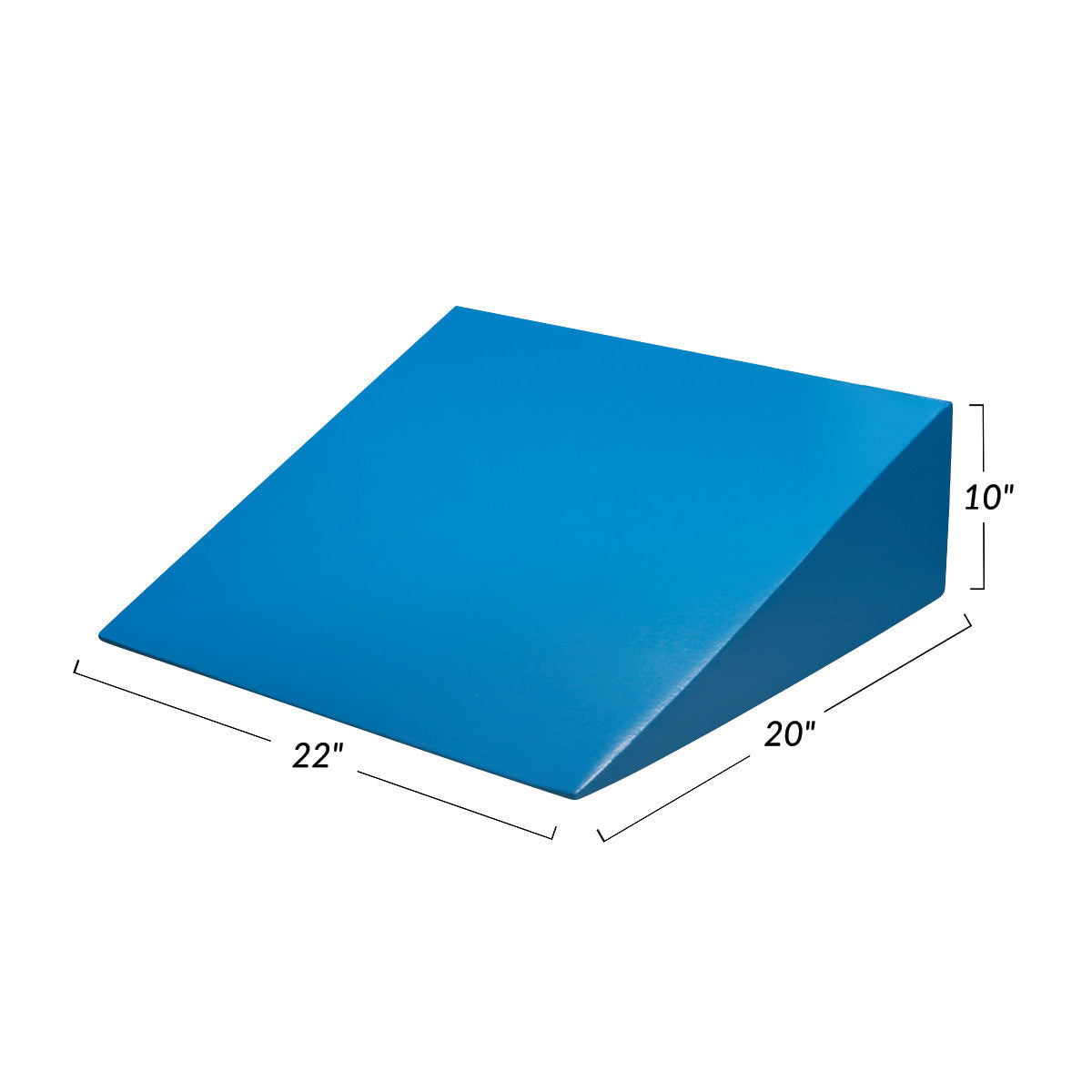 The AliMed Antimicrobial-Treated Therapy Positioning Wedge is blue, trapezoidal, and measures 22" x 20" x 10".
