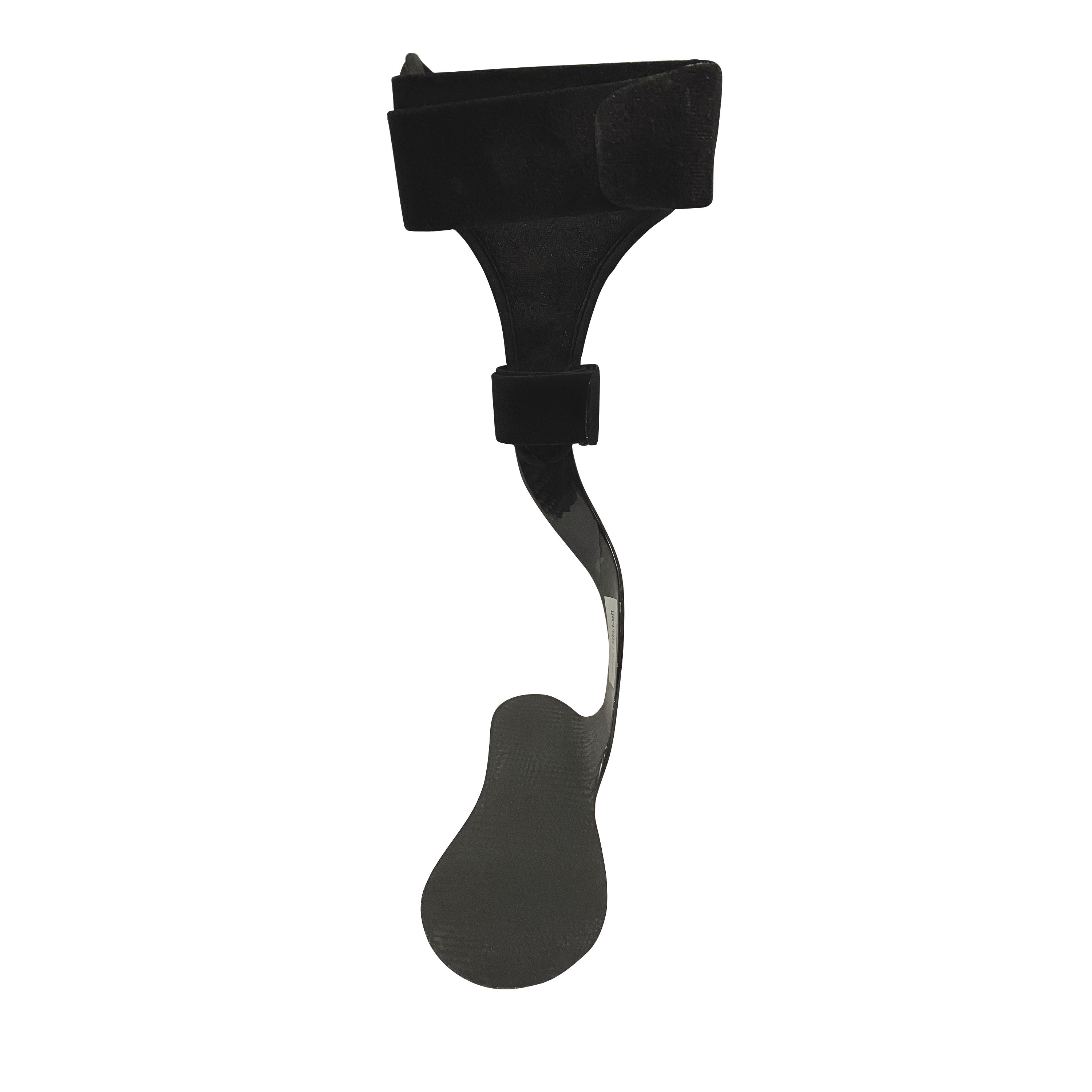 The AliMed Carbon Fiber Posterior Lateral Strut is a black orthopedic brace designed to support the lower leg and foot.