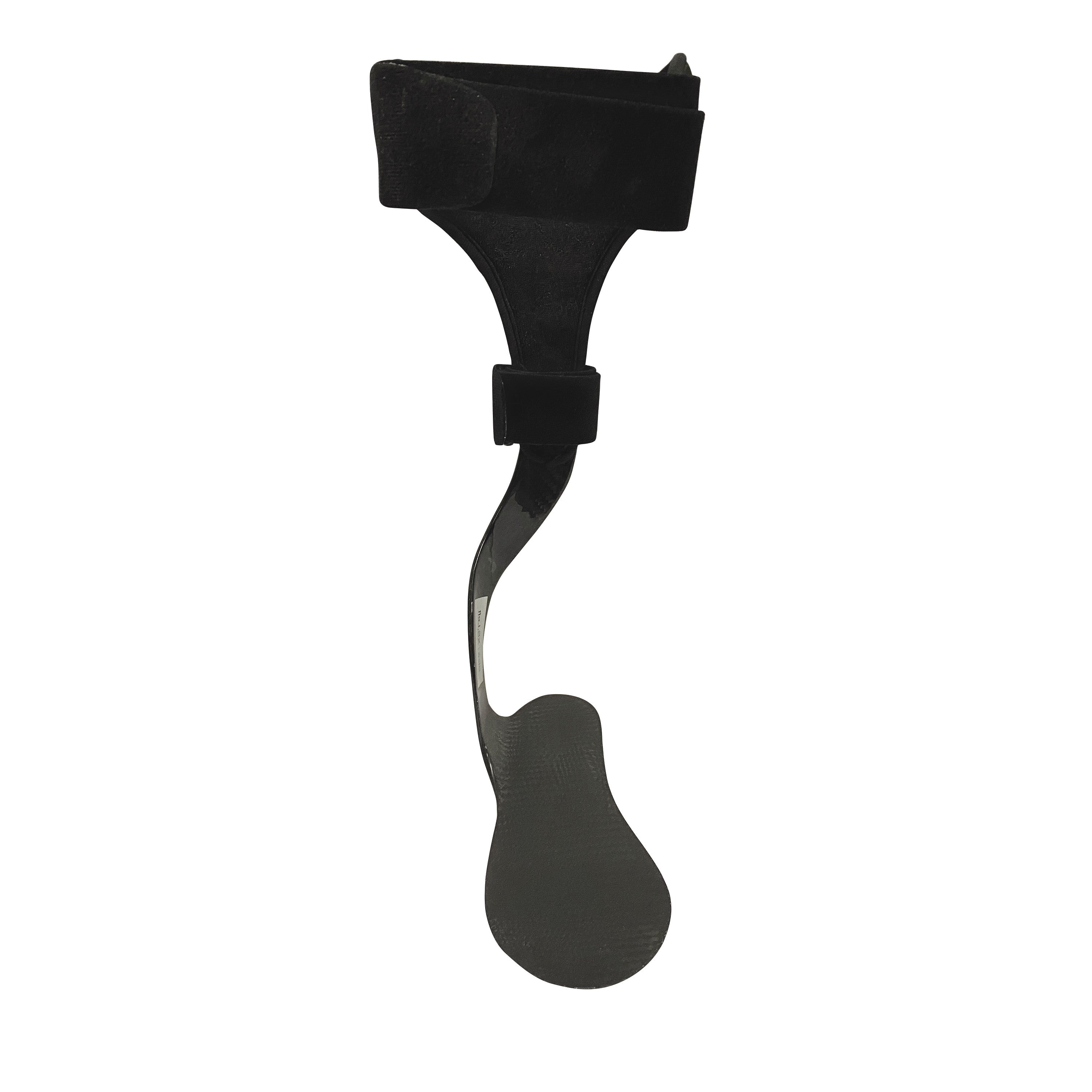 The AliMed Carbon Fiber Posterior Lateral Strut is a black orthotic brace designed to support the foot and lower leg.