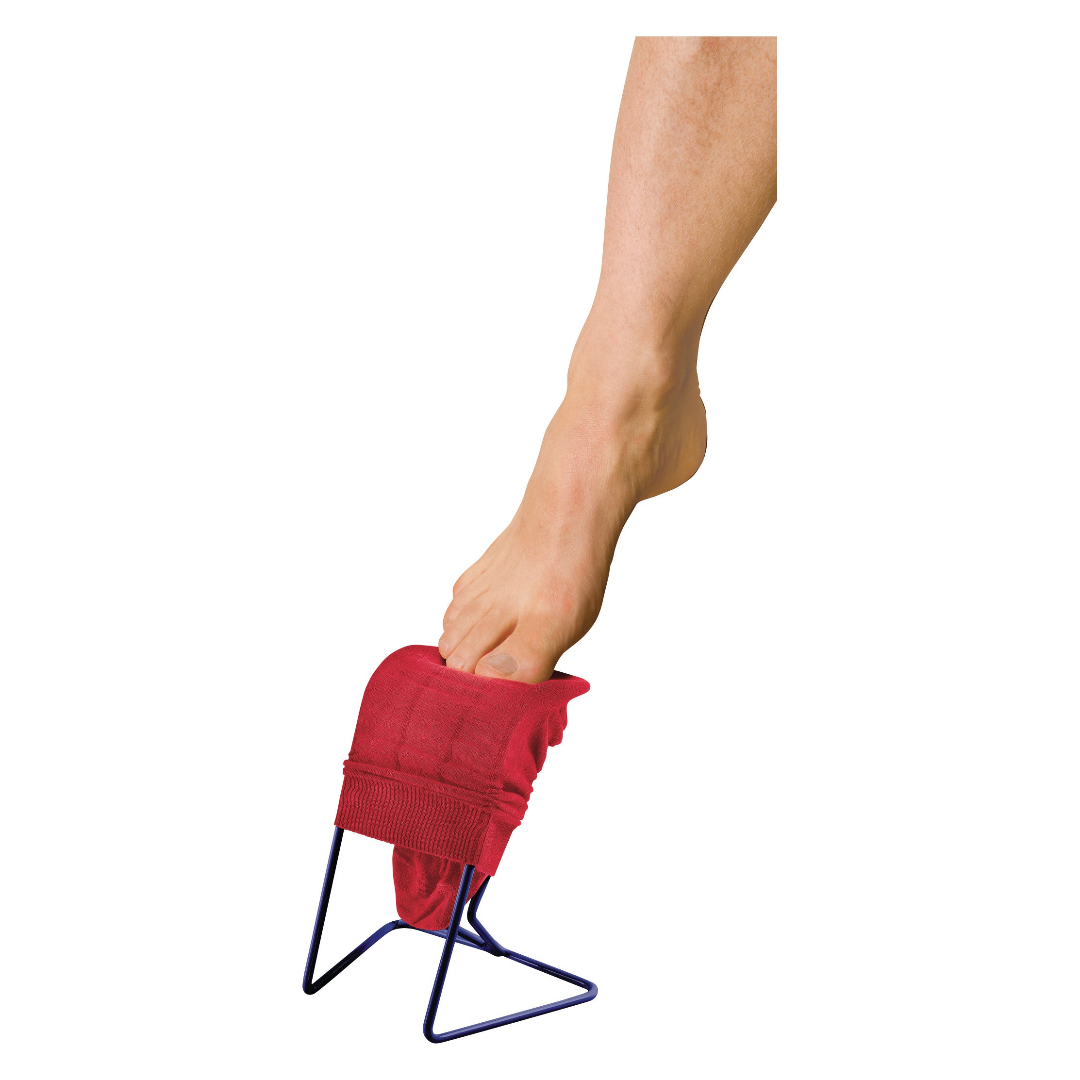 A person's foot using the Ezy-On Wire Stocking Aid to put on a red sock. The aid has a metal frame supporting the sock.