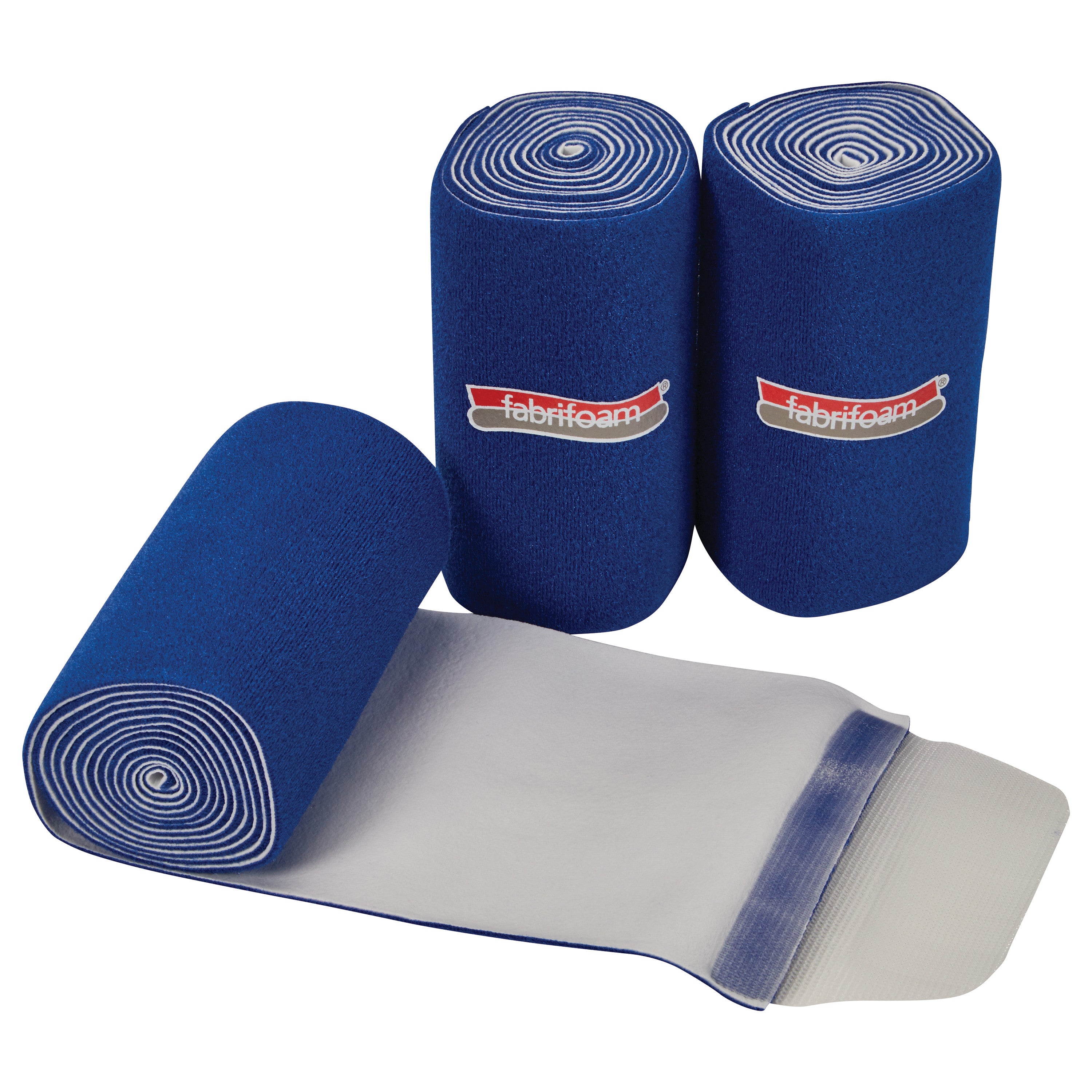 Three rolled blue FabriFoam NuStim Wraps. One is partially unrolled, showing its white inner surface.