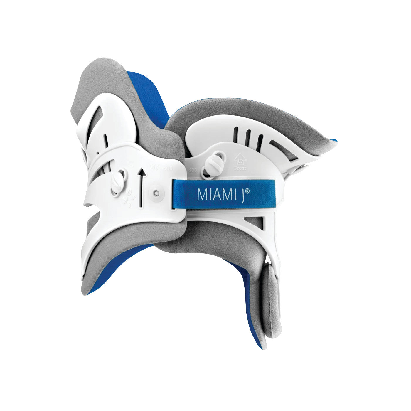 A side view of an Ossur Miami J Cervical Collar, featuring a white and blue design with adjustable gray padding.
