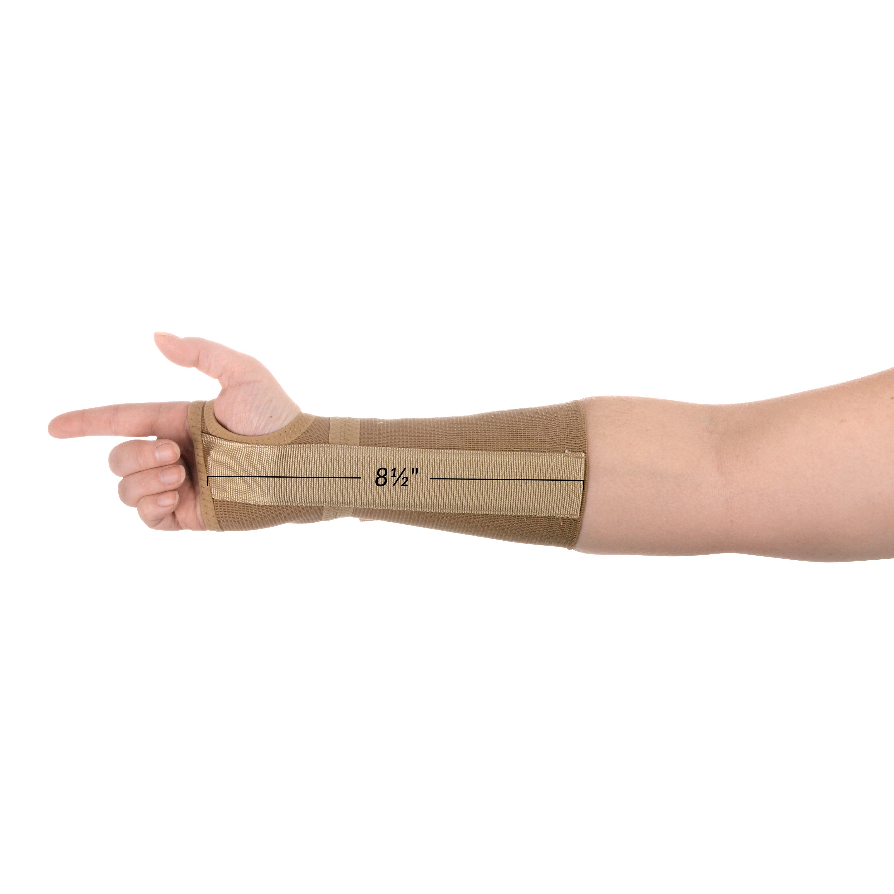 A forearm wearing the AliMed FREEDOM Long Elastic Wrist Support in beige, extending 8 1/2 inches with a thumb loop.