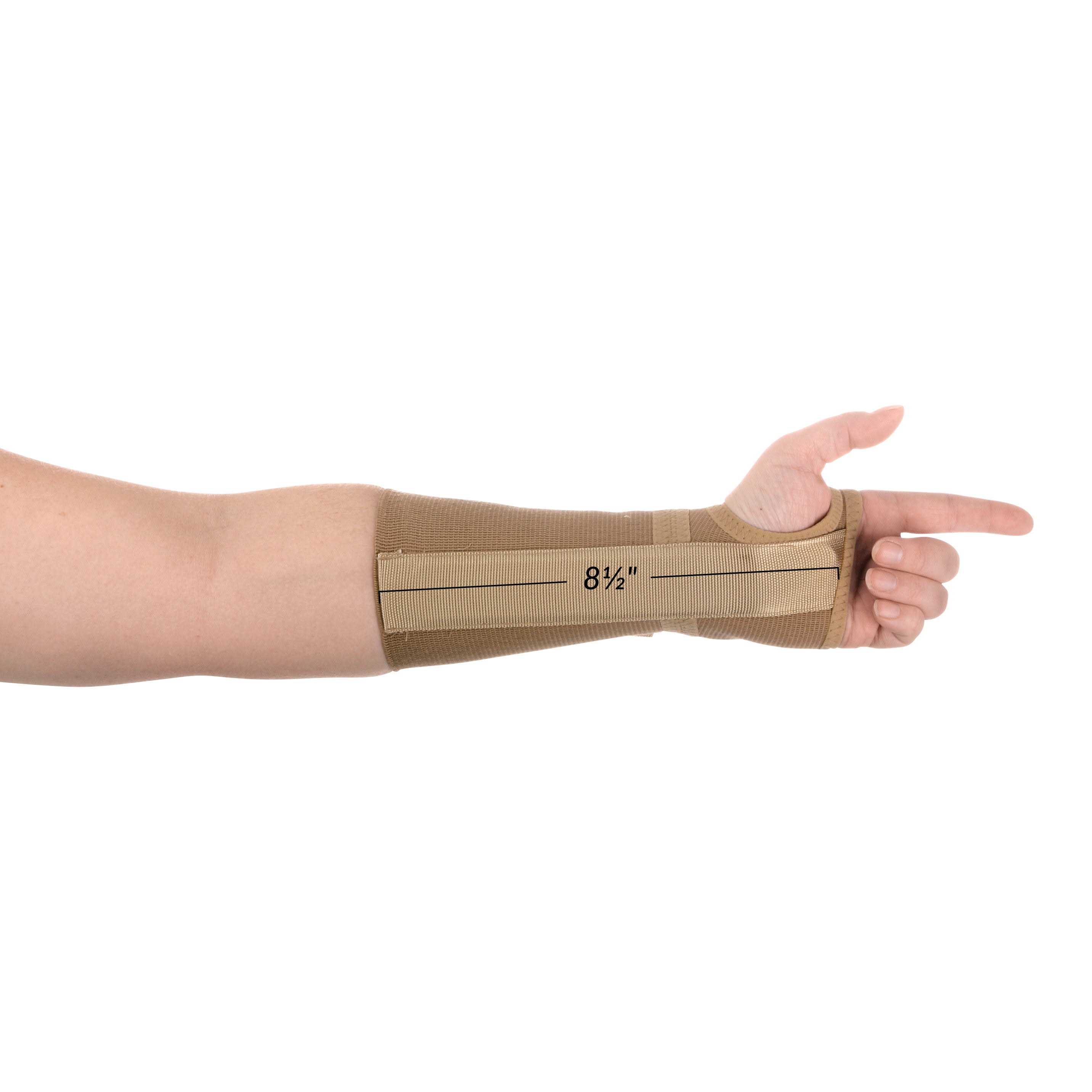 An arm wearing an AliMed FREEDOM Long Elastic Wrist Support in beige, with a measurement marking of 8 1/2 inches on it.