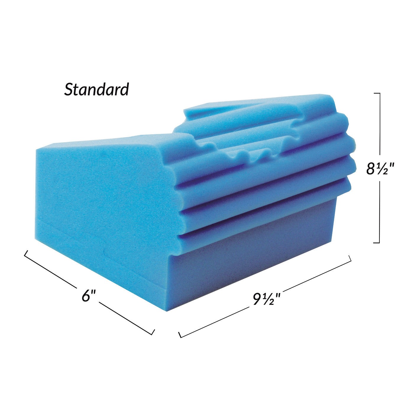 PopitzPillow Supine Sniff Positioner is a blue foam cushion with dimensions labeled: 6" x 9.5" x 8.5" and ribbed contours.